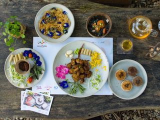 See Sunset at White Temple with Heartmade Meal in a Farm